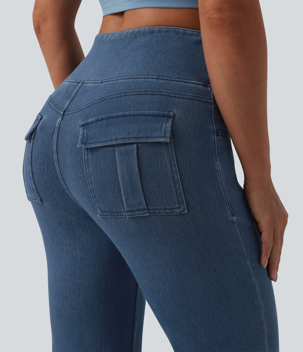 High Waisted Tummy Control Flare Casual Jeans with Pockets — Tide Blue Denim — view 4