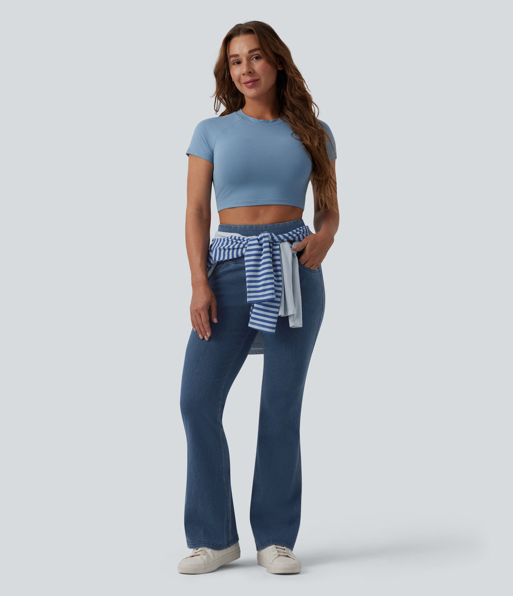 High Waisted Tummy Control Flare Casual Jeans with Pockets — Tide Blue Denim — view 6