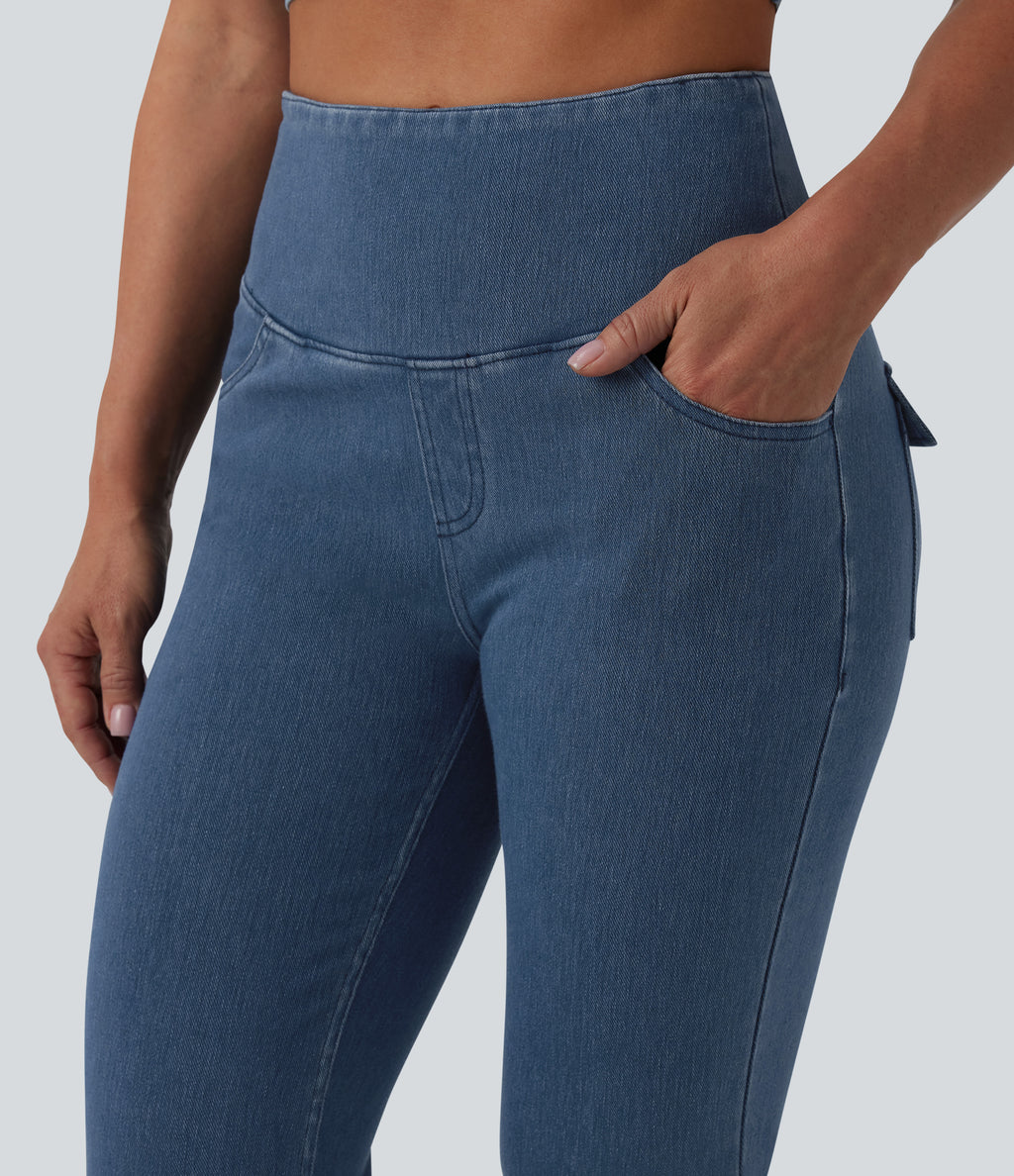 High Waisted Tummy Control Flare Casual Jeans with Pockets — Tide Blue Denim — view 5