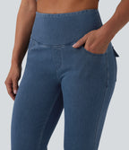 High Waisted Tummy Control Flare Casual Jeans with Pockets — Tide Blue Denim — view 5