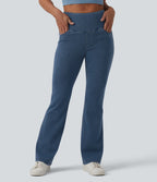High Waisted Tummy Control Flare Casual Jeans with Pockets — Tide Blue Denim — view 3