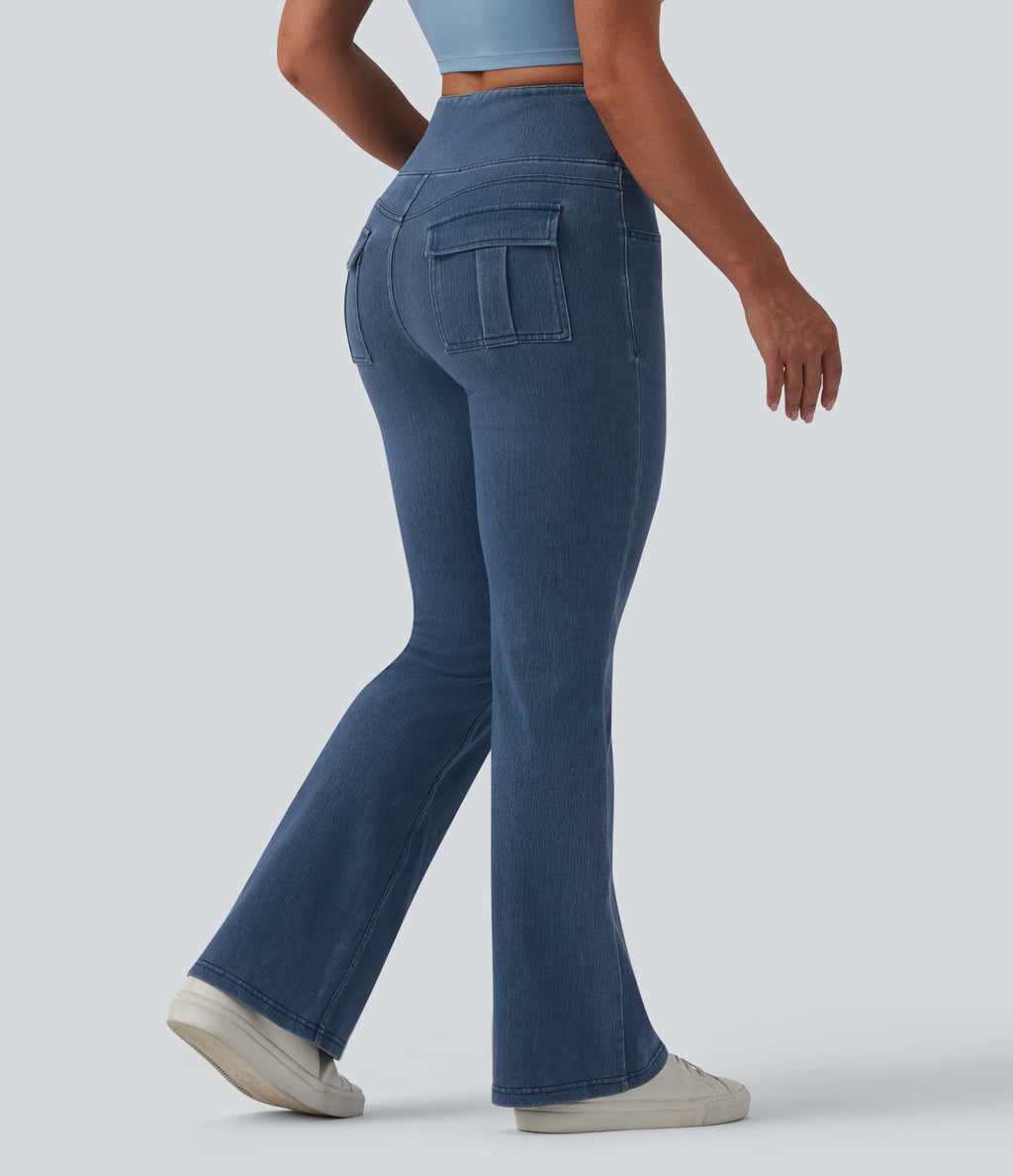 High Waisted Tummy Control Flare Casual Jeans with Pockets — Tide Blue Denim — view 2