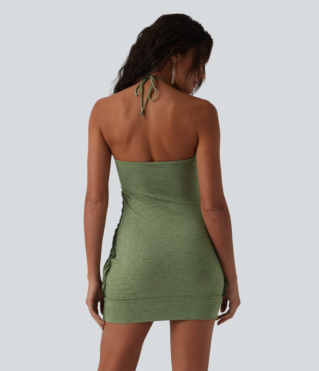 Halter Tie Back Built-in Bra Bodycon Micro Mini Dress — Light Green Floral Yarn — view 3