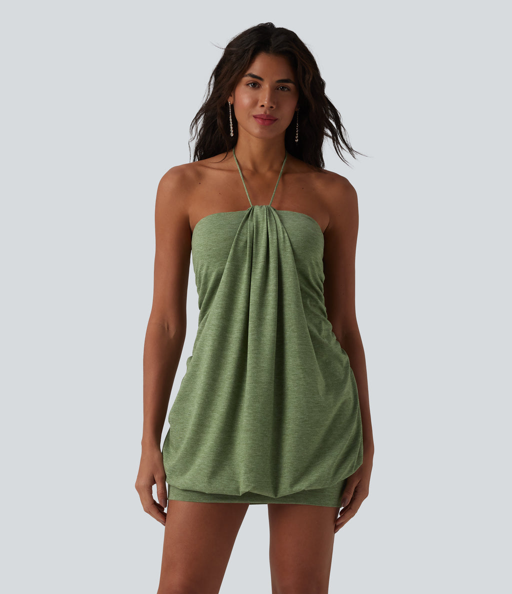 Halter Tie Back Built-in Bra Bodycon Micro Mini Dress — Light Green Floral Yarn — view 2