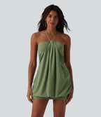 Halter Tie Back Built-in Bra Bodycon Micro Mini Dress — Light Green Floral Yarn — view 2