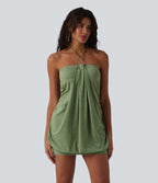 Halter Tie Back Built-in Bra Bodycon Micro Mini Dress — Light Green Floral Yarn — view 6