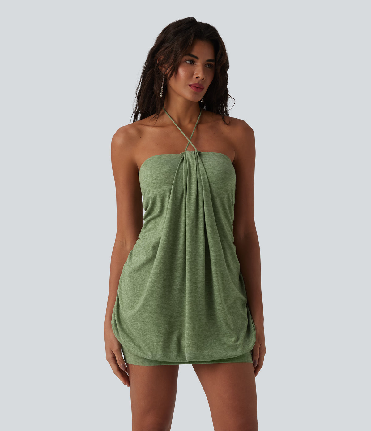 Halter Tie Back Built-in Bra Bodycon Micro Mini Dress — Light Green Floral Yarn — view 6
