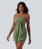 Halter Tie Back Built-in Bra Bodycon Micro Mini Dress — Light Green Floral Yarn — view 4