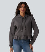 Hooded Drawstring Long Sleeve Ruffle Hem Casual Cotton Sweatshirt — Eiffel Tower — view 1