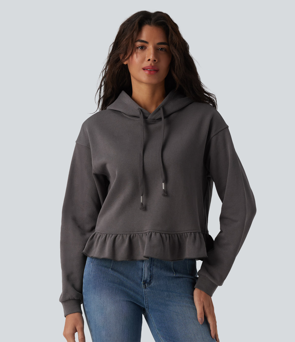 Hooded Drawstring Long Sleeve Ruffle Hem Casual Cotton Sweatshirt — Eiffel Tower — view 1