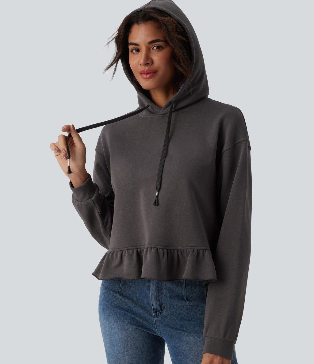 Hooded Drawstring Long Sleeve Ruffle Hem Casual Cotton Sweatshirt — Eiffel Tower — view 4