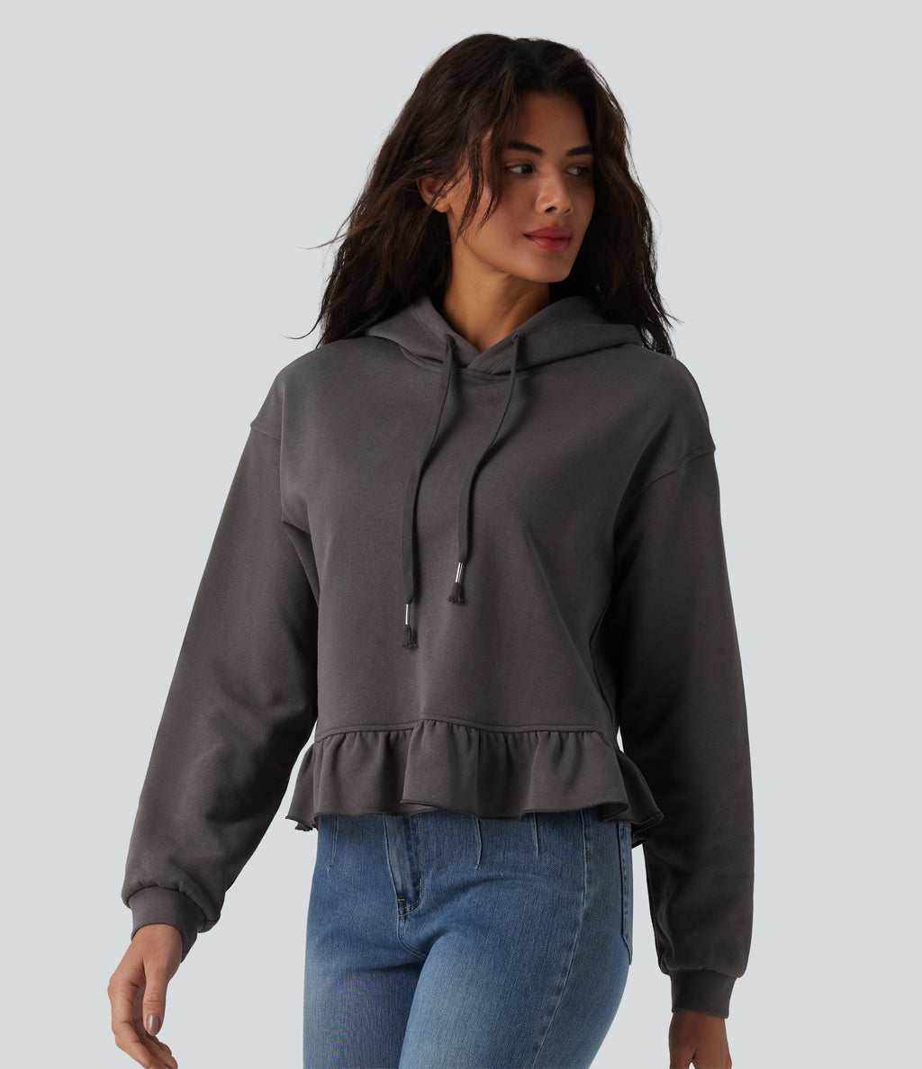 Hooded Drawstring Long Sleeve Ruffle Hem Casual Cotton Sweatshirt — Eiffel Tower — view 3