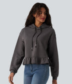 Hooded Drawstring Long Sleeve Ruffle Hem Casual Cotton Sweatshirt — Eiffel Tower — view 3