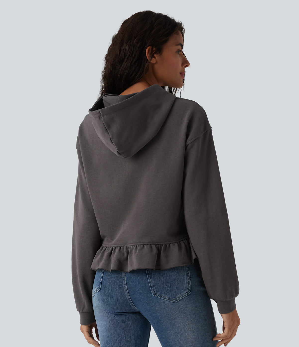 Hooded Drawstring Long Sleeve Ruffle Hem Casual Cotton Sweatshirt — Eiffel Tower — view 2