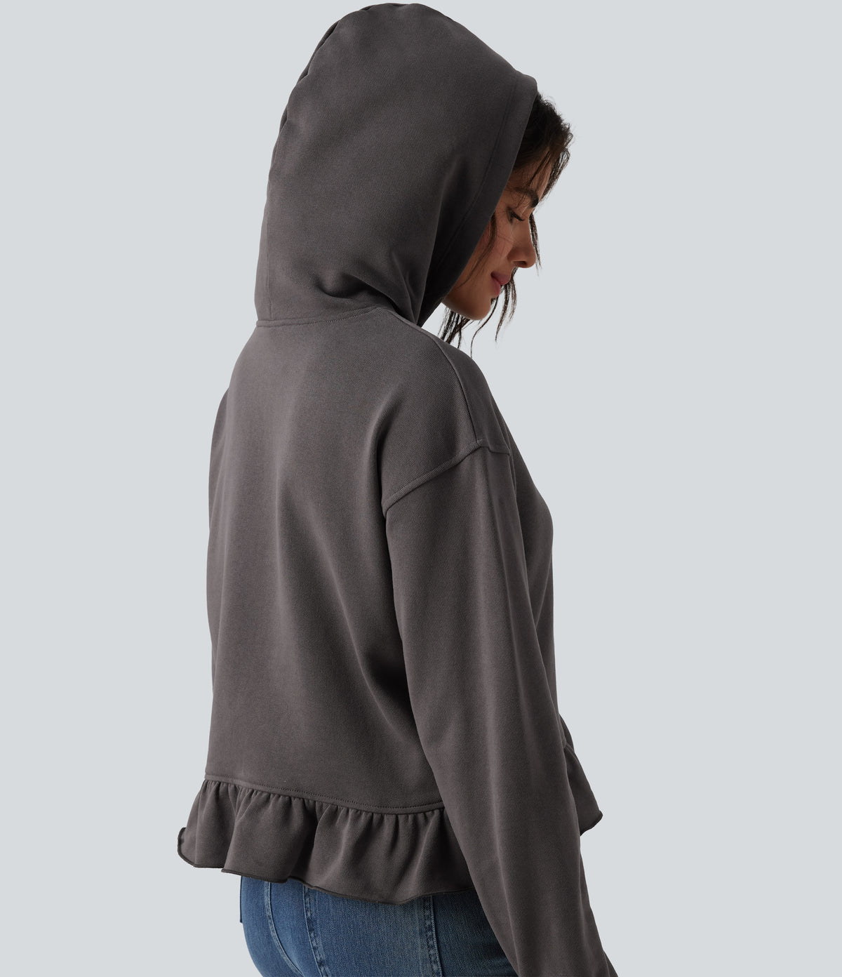 Hooded Drawstring Long Sleeve Ruffle Hem Casual Cotton Sweatshirt — Eiffel Tower — view 5