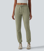 Mid Rise Drawstring Tapered Casual Joggers with Pockets — Light Green Floral Yarn — view 1