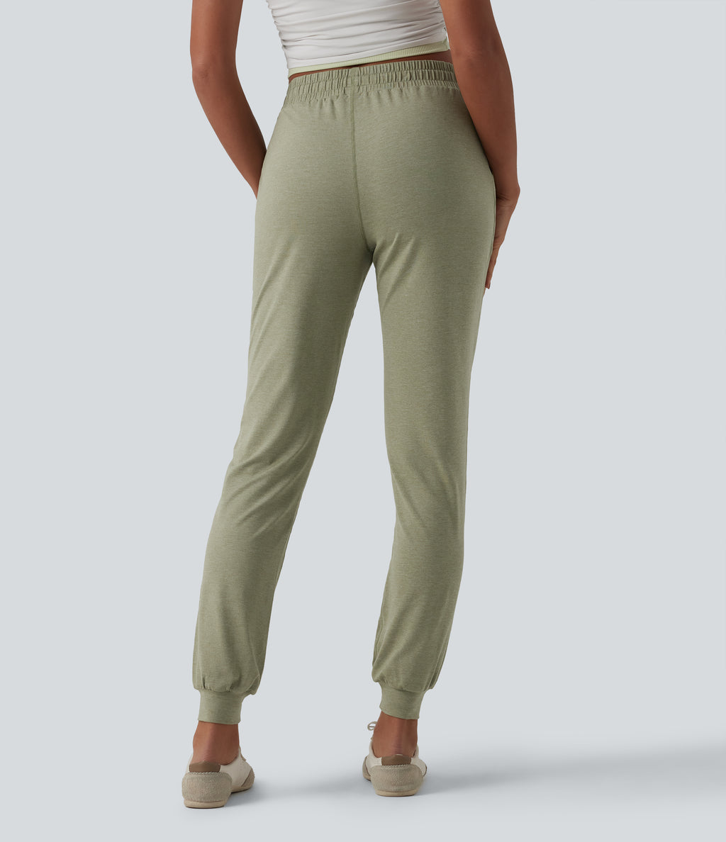 Mid Rise Drawstring Tapered Casual Joggers with Pockets — Light Green Floral Yarn — view 2