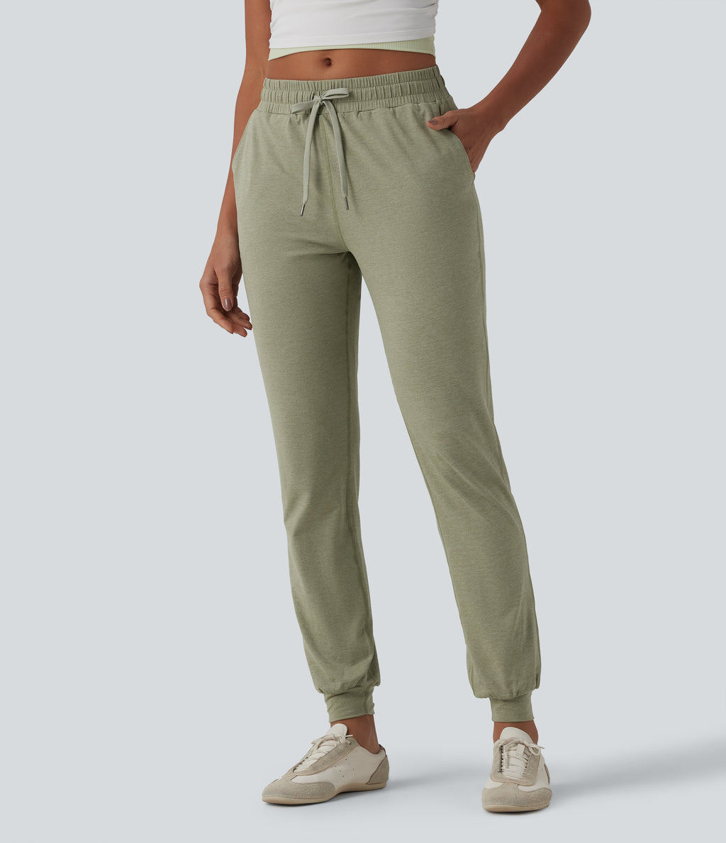 Mid Rise Drawstring Tapered Casual Joggers with Pockets — Light Green Floral Yarn — view 3