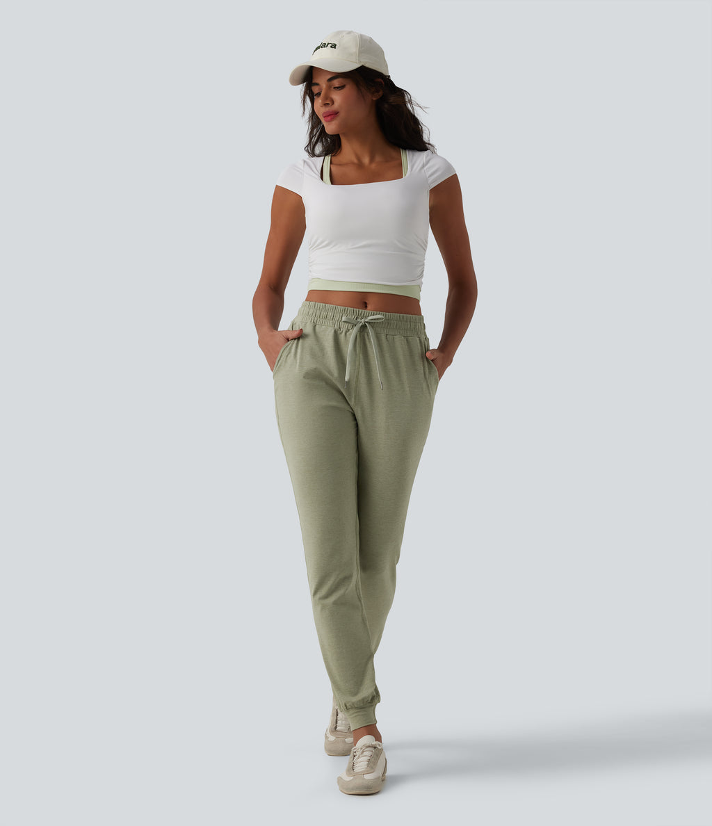 Mid Rise Drawstring Tapered Casual Joggers with Pockets — Light Green Floral Yarn — view 5