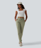 Mid Rise Drawstring Tapered Casual Joggers with Pockets — Light Green Floral Yarn — view 5