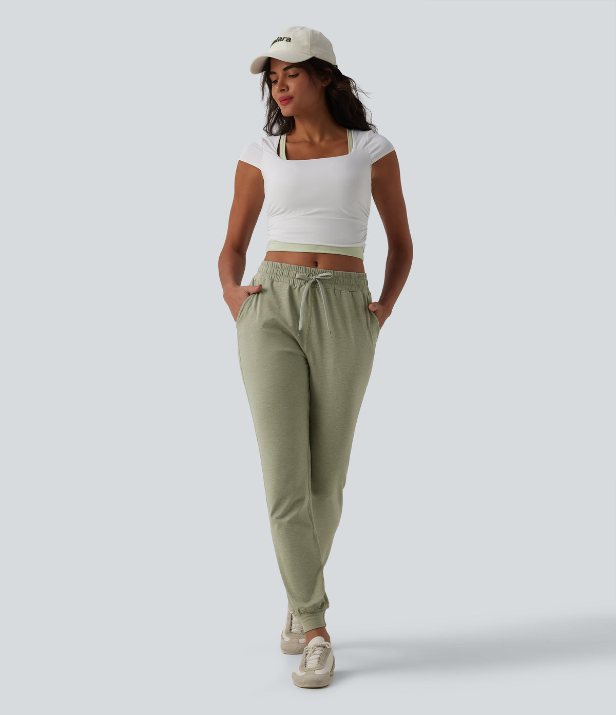 Mid Rise Drawstring Tapered Casual Joggers with Pockets — Light Green Floral Yarn — view 5