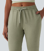 Mid Rise Drawstring Tapered Casual Joggers with Pockets — Light Green Floral Yarn — view 4