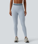 High Waisted Tummy Control Color Block Stripes Workout 7/8 Leggings with Pockets — Plein Air — view 3