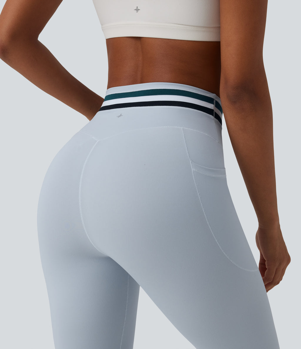 High Waisted Tummy Control Color Block Stripes Workout 7/8 Leggings with Pockets — Plein Air — view 4