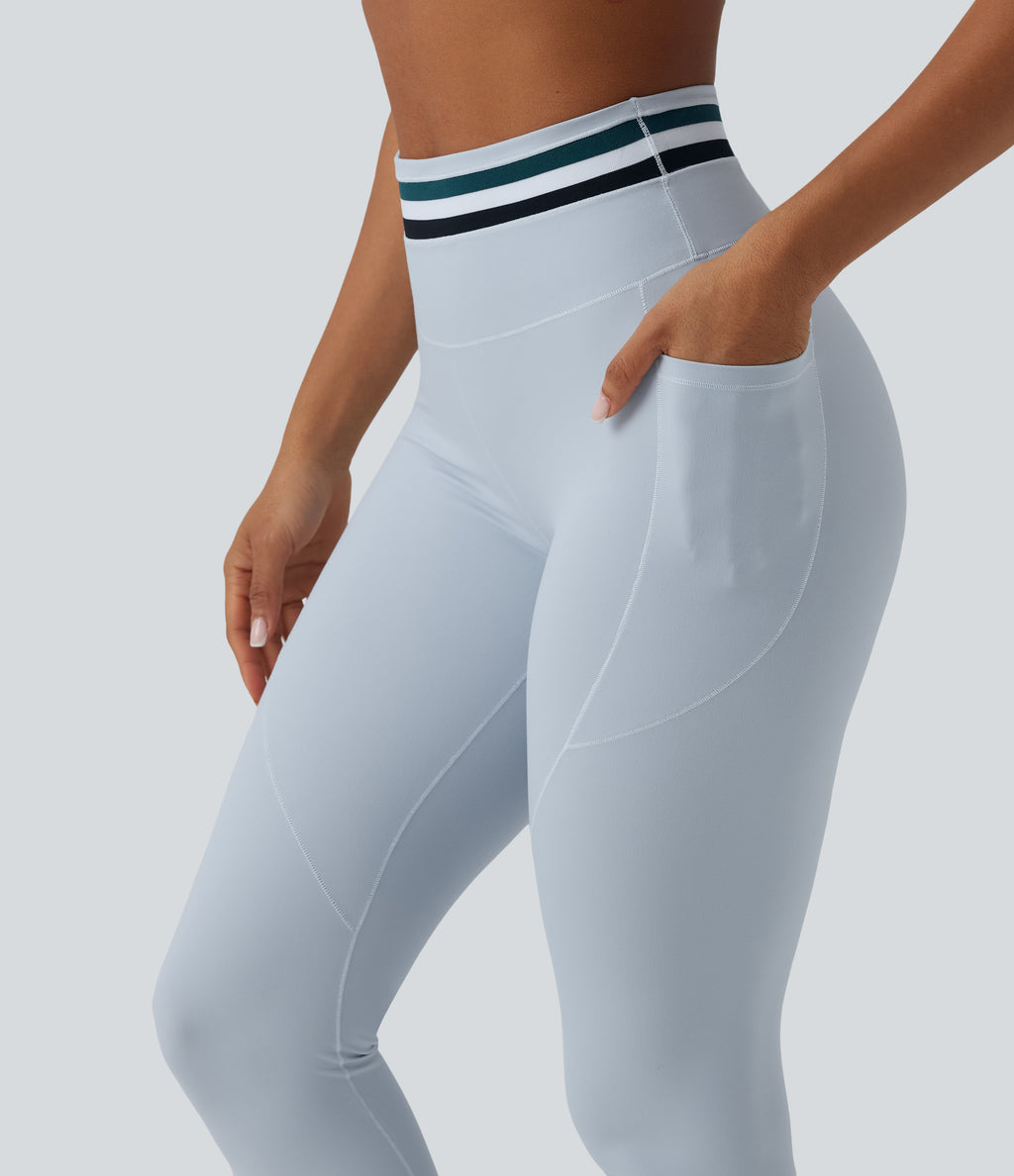 High Waisted Tummy Control Color Block Stripes Workout 7/8 Leggings with Pockets — Plein Air — view 5