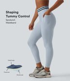 High Waisted Tummy Control Color Block Stripes Workout 7/8 Leggings with Pockets — Plein Air — view 1