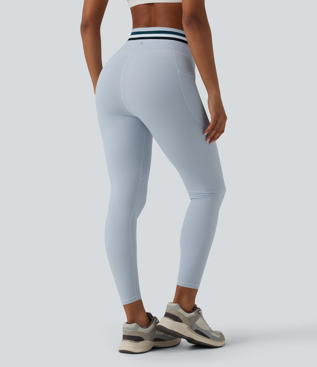 High Waisted Tummy Control Color Block Stripes Workout 7/8 Leggings with Pockets — Plein Air — view 2