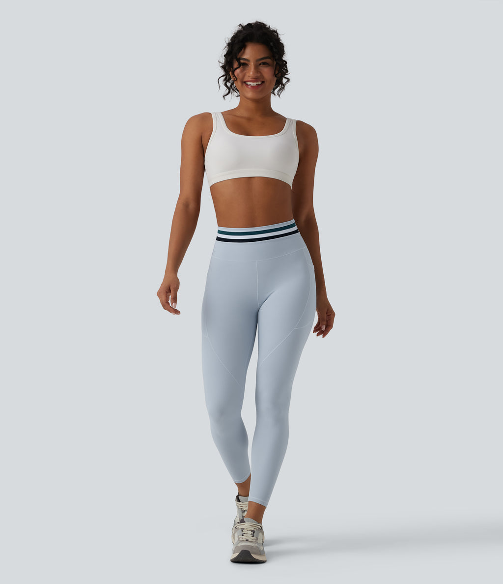 High Waisted Tummy Control Color Block Stripes Workout 7/8 Leggings with Pockets — Plein Air — view 6