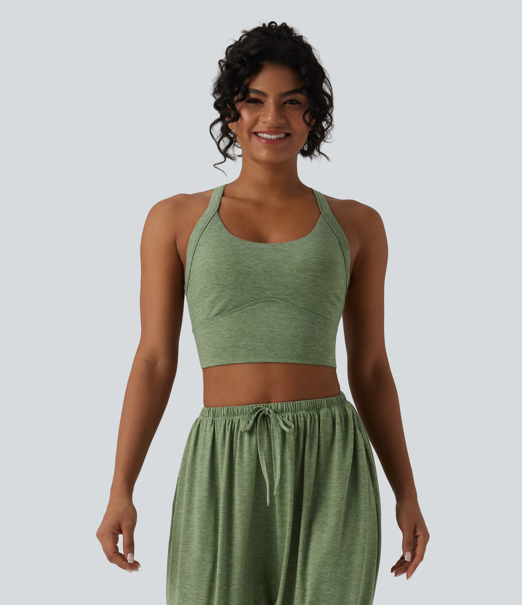 Backless Twisted Adjustable Buckle Skinny Cropped Heathered Casual Tank Top — Light Green Floral Yarn — view 2