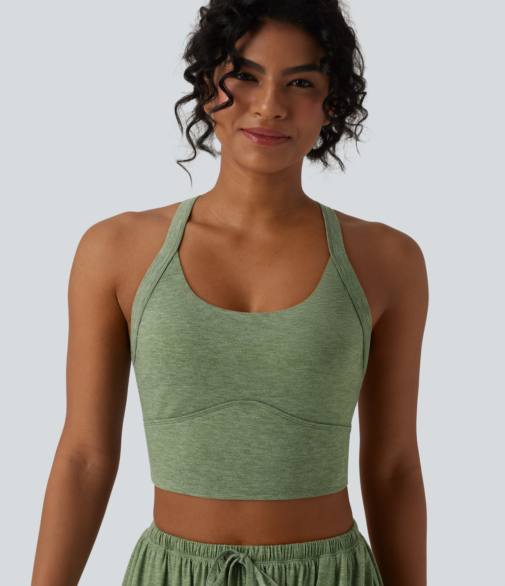 Backless Twisted Adjustable Buckle Skinny Cropped Heathered Casual Tank Top — Light Green Floral Yarn — view 6