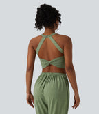 Backless Twisted Adjustable Buckle Skinny Cropped Heathered Casual Tank Top — Light Green Floral Yarn — view 4