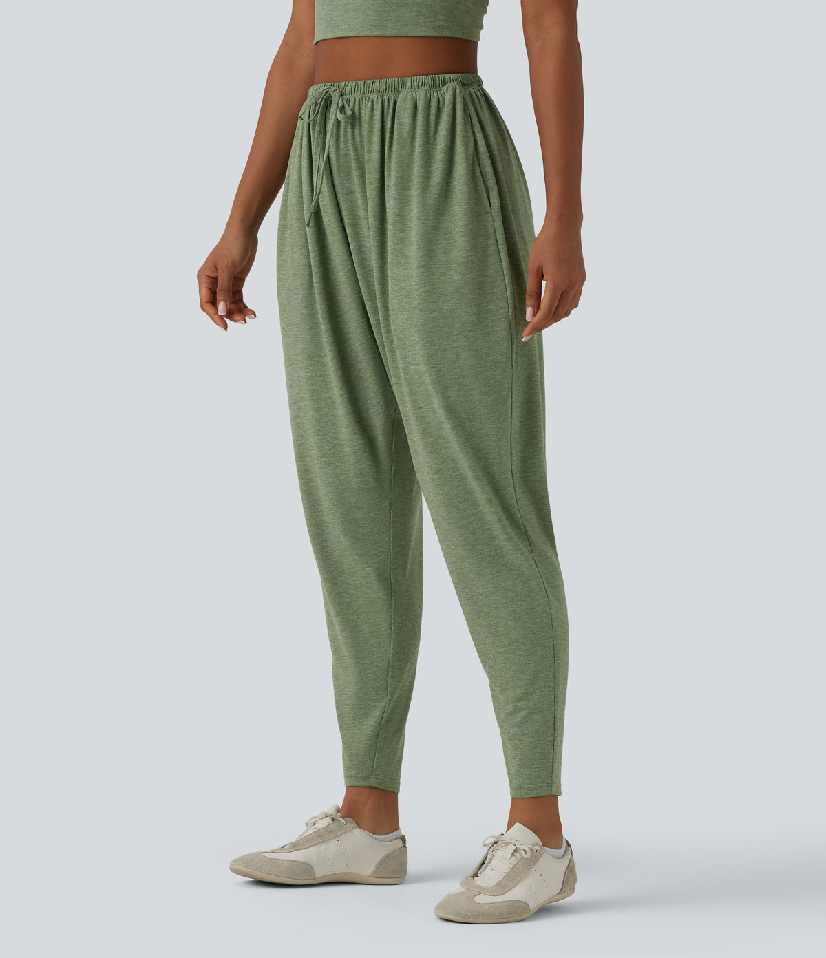 High Waisted Drawstring Heathered Casual Harem Trousers with Pockets — Light Green Floral Yarn — view 1