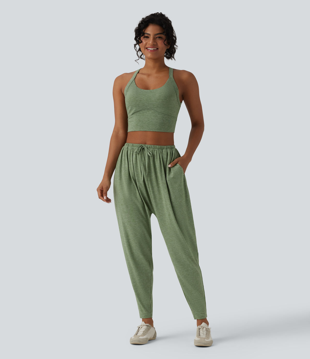 High Waisted Drawstring Heathered Casual Harem Trousers with Pockets — Light Green Floral Yarn — view 5