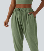 High Waisted Drawstring Heathered Casual Harem Trousers with Pockets — Light Green Floral Yarn — view 4