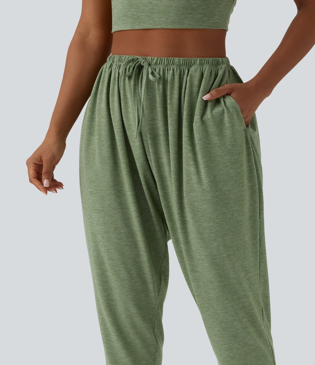 High Waisted Drawstring Heathered Casual Harem Trousers with Pockets — Light Green Floral Yarn — view 4