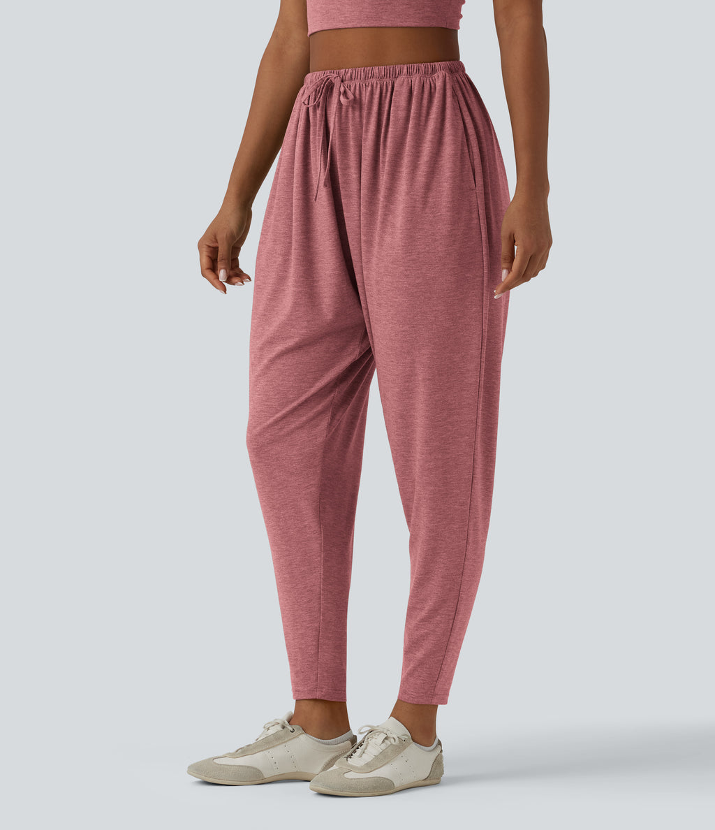 High Waisted Drawstring Heathered Casual Harem Trousers with Pockets — Brick Red Mix — view 6