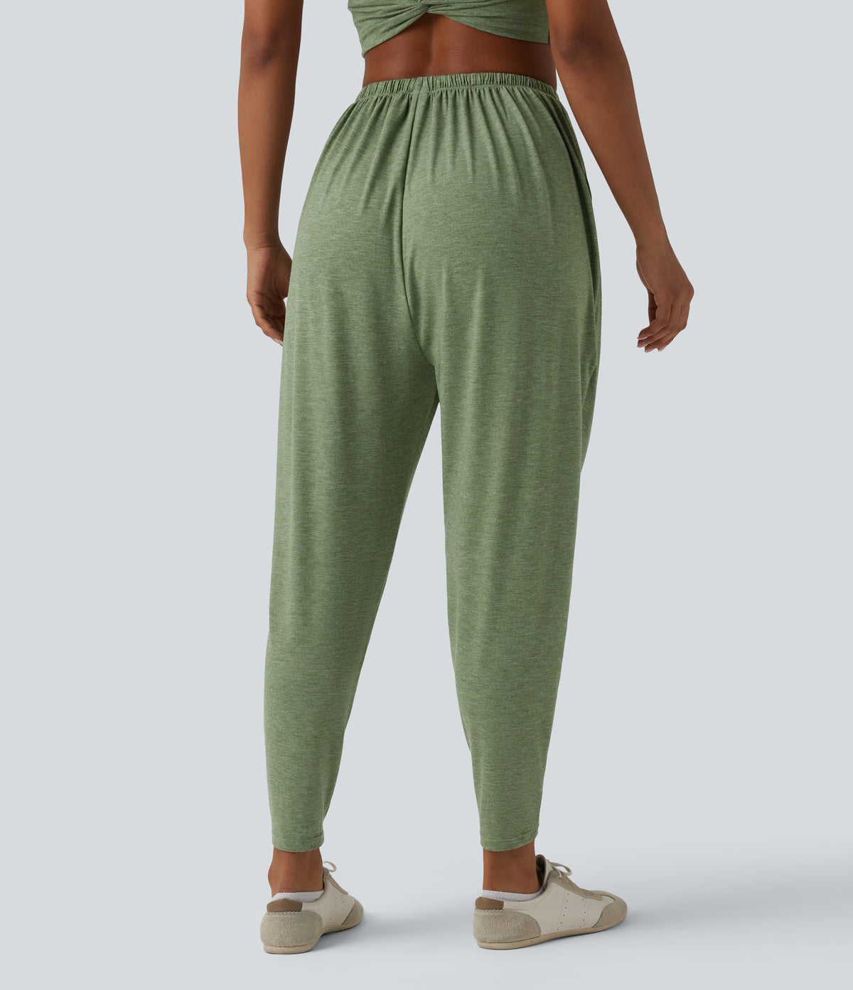 High Waisted Drawstring Heathered Casual Harem Trousers with Pockets — Light Green Floral Yarn — view 2
