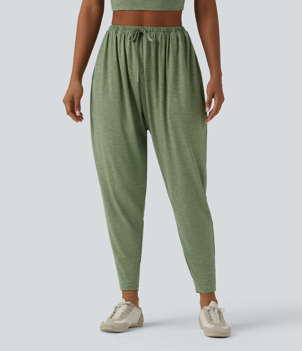 High Waisted Drawstring Heathered Casual Harem Trousers with Pockets — Light Green Floral Yarn — view 3