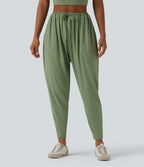 High Waisted Drawstring Heathered Casual Harem Trousers with Pockets — Light Green Floral Yarn — view 3