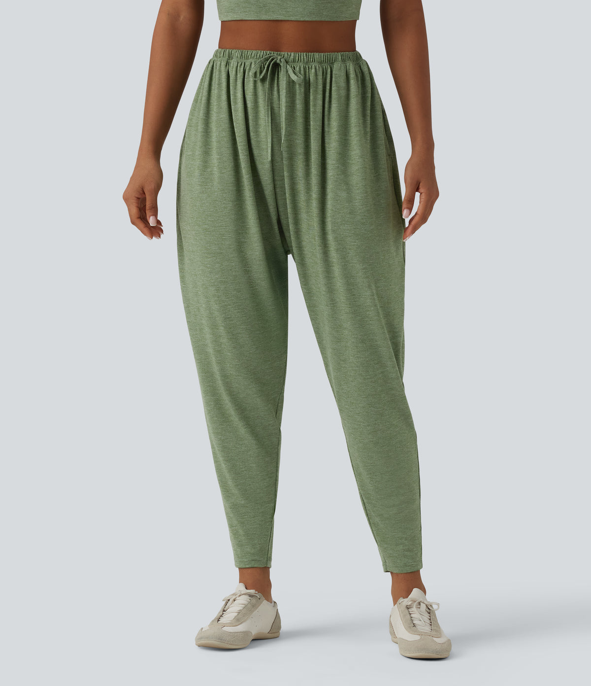 High Waisted Drawstring Heathered Casual Harem Trousers with Pockets — Light Green Floral Yarn — view 3