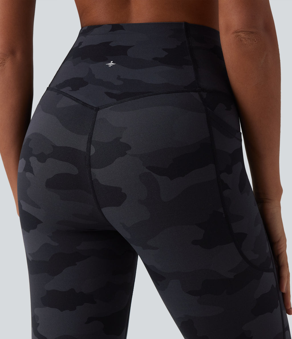 Camo Print High Waisted Tummy Control Running Leggings with Pockets — Midnight Shadow Camo — view 5
