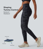 Camo Print High Waisted Tummy Control Running Leggings with Pockets — Midnight Shadow Camo — view 1