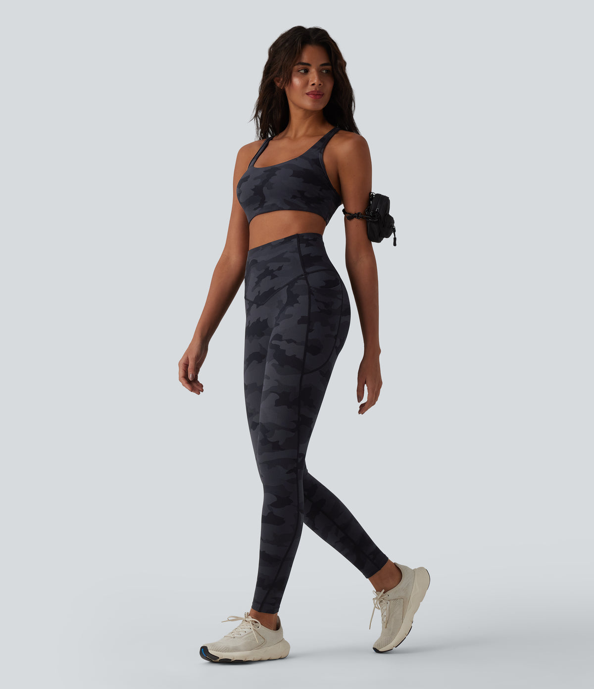 Camo Print High Waisted Tummy Control Running Leggings with Pockets — Midnight Shadow Camo — view 6