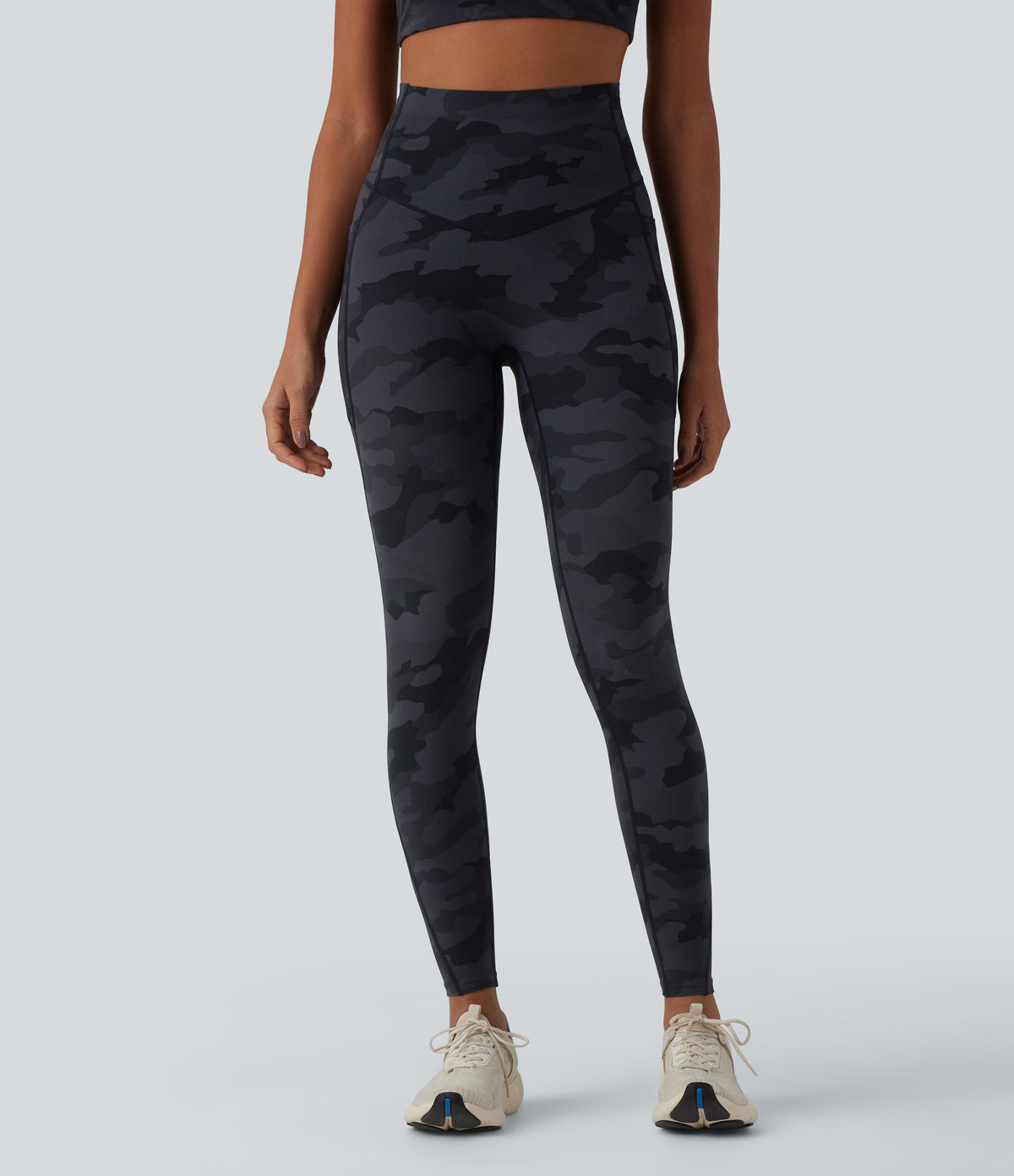 Camo Print High Waisted Tummy Control Running Leggings with Pockets — Midnight Shadow Camo — view 3