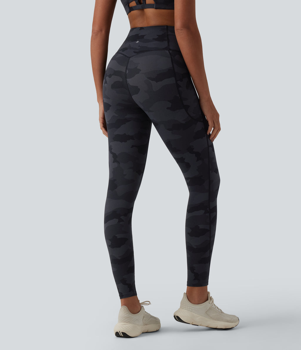 Camo Print High Waisted Tummy Control Running Leggings with Pockets — Midnight Shadow Camo — view 2