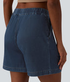 Mid Rise Denim Casual Bermuda Shorts with Pockets — Estate Blue Denim — view 5